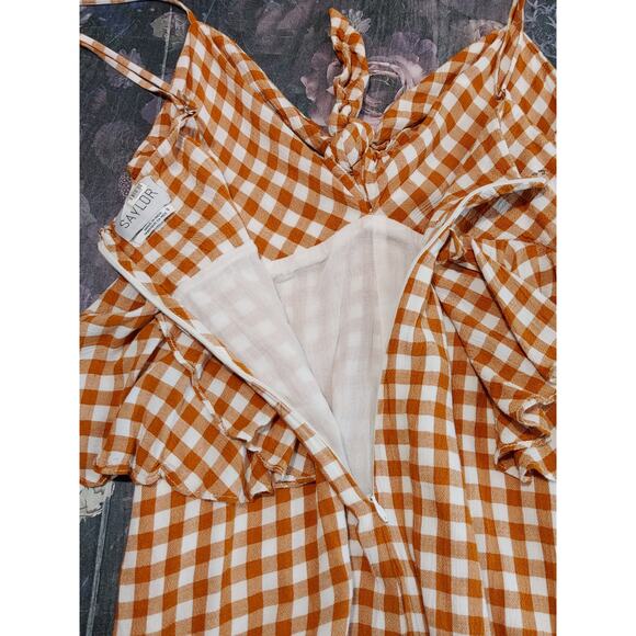 Saylor Laken Gingham Jumpsuit Sleeveless Ruffle Peplum Apricot Womens Size Small - Picture 8 of 10